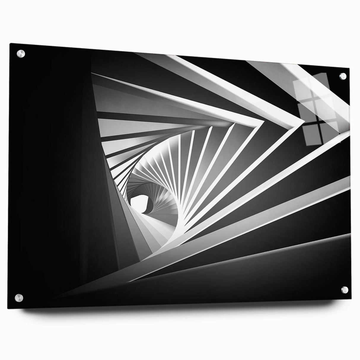 Large abstract wall art on acrylic glass depicting architectural tunnels in muted gray tones.