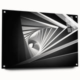 Large abstract wall art on acrylic glass depicting architectural tunnels in muted gray tones.