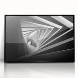 Large abstract wall art featuring overlapping geometric tunnels in black and gray tones on framed acrylic.