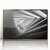 Mid-century modernist acrylic print of architectural tunnels in gold tones, ideal for modern art wall decor.