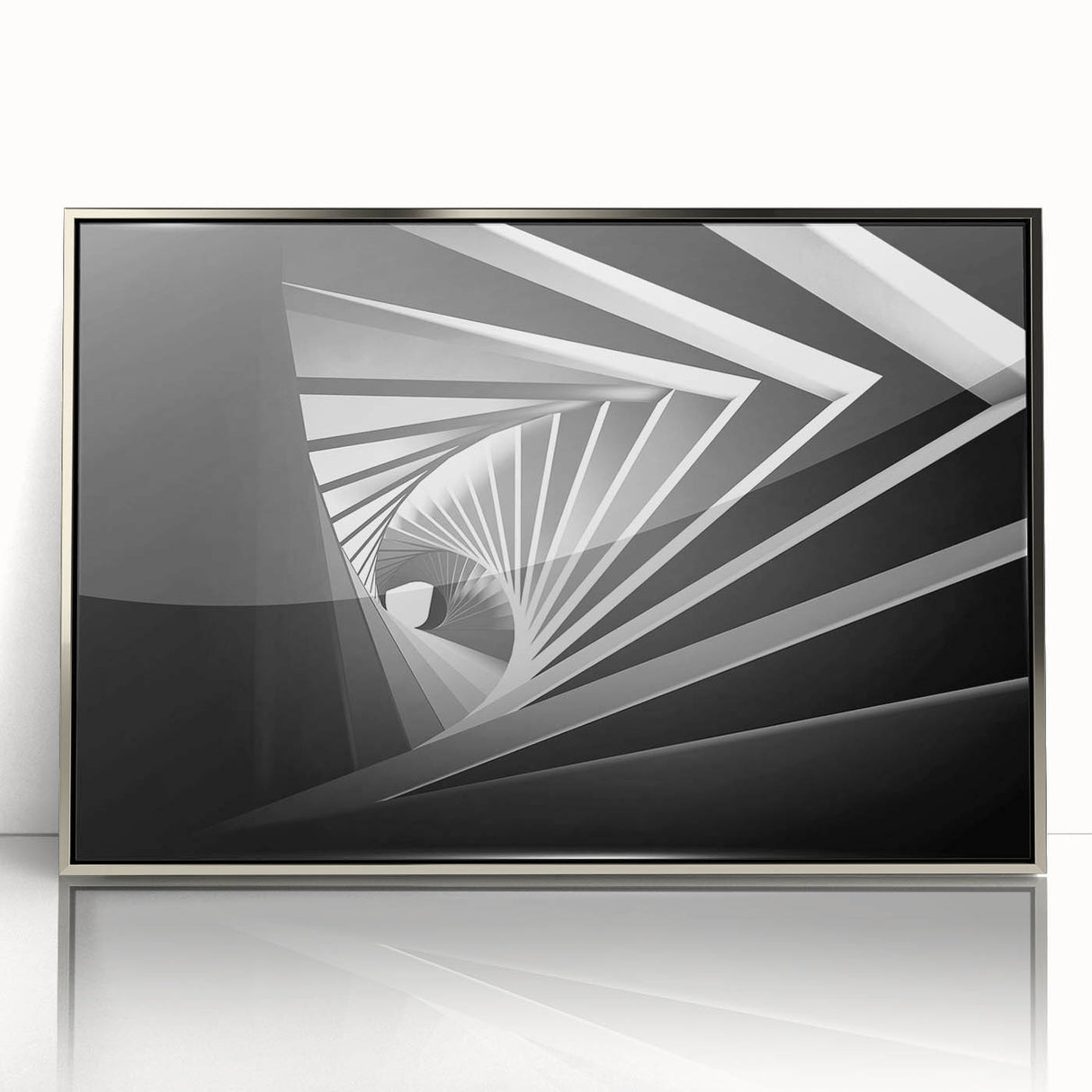 Mid-century modernist art featuring geometric tunnels in muted gray and silver on a framed acrylic.