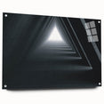 Large abstract wall art on acrylic glass depicting architectural tunnels in muted gray and blue tones.