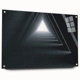 Large abstract wall art on acrylic glass depicting architectural tunnels in muted gray and blue tones.