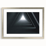 Textured abstract art print depicting architectural tunnels in muted gray and silver, framed with a mat.