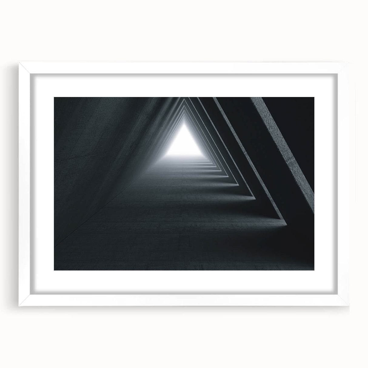 Abstract art print of architectural tunnels in muted gray and blue tones on a framed poster, ideal for dining room decor.