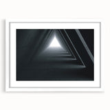 Abstract art print of architectural tunnels in muted gray and blue tones on a framed poster, ideal for dining room decor.