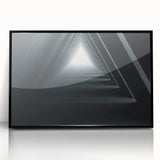 Large abstract wall art featuring a mid-century modernist tunnel design in black and gray tones on framed acrylic.