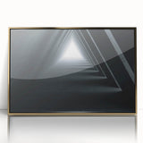 Large acrylic print of a mid-century modernist tunnel architecture in gold tones, suitable for modern art wall decor.