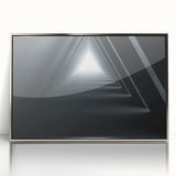 Mid-century modernist art depicting architectural tunnels in silver acrylic frame, suitable for modern art wall decor.