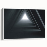 Vintage poster art of colorful, abstract architecture tunnels on a large framed canvas, ideal for living room decor.