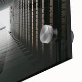 Mid-century modernist large abstract wall art in acrylic glass, featuring geometric shapes in muted tones.