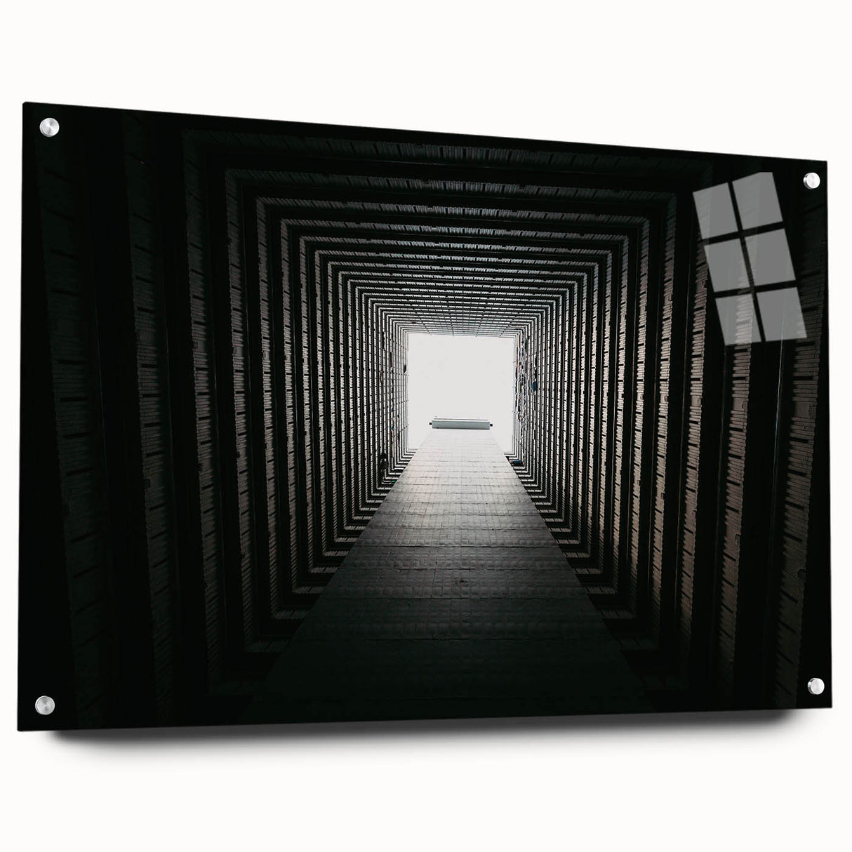 Large abstract wall art on acrylic glass featuring intricate tunnel designs in monochrome.