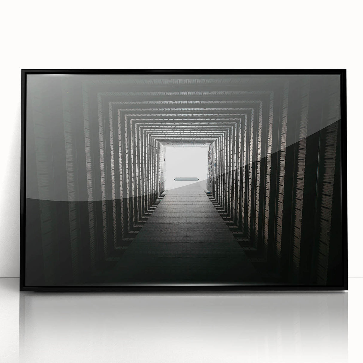 Large abstract wall art featuring geometric shapes in black and white tones, framed in acrylic.