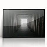 Large abstract wall art featuring geometric shapes in black and white tones, framed in acrylic.