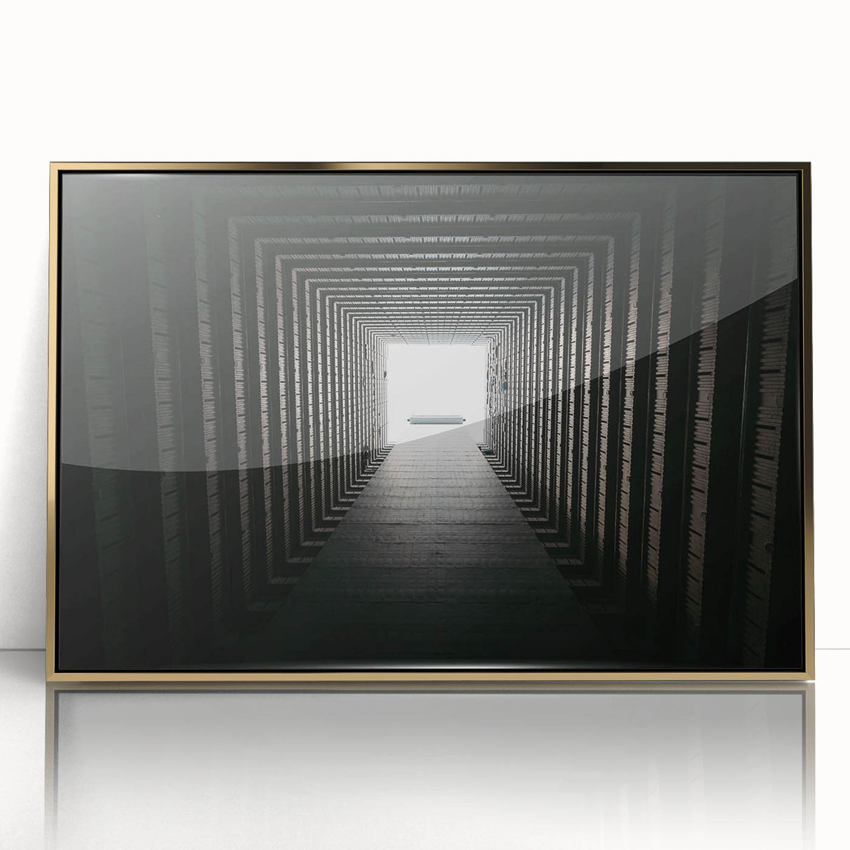 Mid-century modernist tunnel design in gold and black hues, framed acrylic, suitable for modern art wall decor.