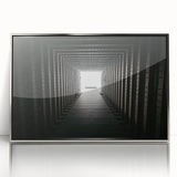 Mid-century modernist art of abstract tunnels in silver and gray tones on a framed acrylic.