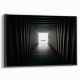 Black and white framed canvas featuring a vintage poster-style landscape of architectural tunnels.