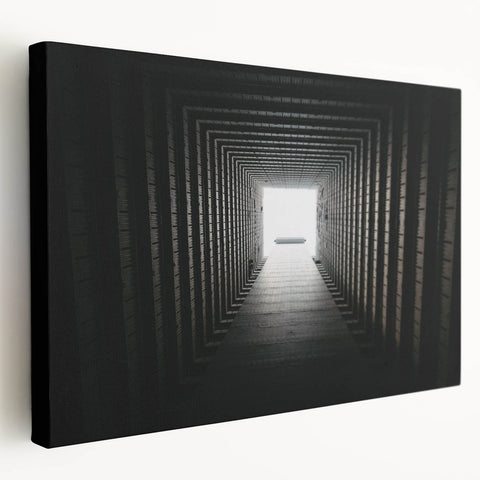 Modern architectural tunnel design in muted gray tones on stretched canvas, suitable for kitchen wall art.