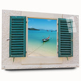 Large abstract wall art on acrylic glass, featuring geometric patterns in muted grey and blue tones.