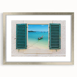 Abstract art print featuring geometric window designs in muted beige and white, framed in silver.