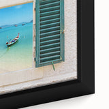 Close-up of black wall art featuring a colorful, textured window design on a framed canvas, ideal for living room decor.
