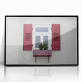 Large abstract wall art depicting a mid-century modernist architecture window design in black and white, framed in acrylic.