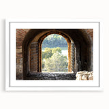 Extra large abstract art print featuring a textured window design in neutral tones, framed in white.