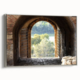 Vintage poster art of an architectural window design in black and colorful tones on a large framed canvas.