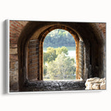 Framed canvas wall art featuring a black and white vintage poster of a landscape, ideal for bedroom decor.