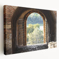 Large art print of an architectural window design on stretched canvas, featuring muted earth tones.