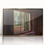 Mid-century modernist art depicting an architectural window design in gold and black tones on a framed acrylic print.