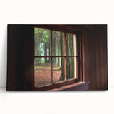 Black and white photograph of an architectural window design on a large stretched canvas.