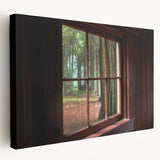 Side view of a large stretched canvas featuring a detailed architectural window design in neutral shades.