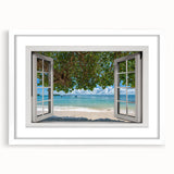 Extra large abstract art print featuring a textured window design in neutral tones, framed in white.
