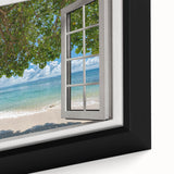 Close-up of a black wall art featuring a colorful, textured depiction of architectural windows on a large framed canvas.