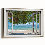 Framed canvas featuring a vintage poster of a colorful landscape with black architectural elements, ideal for office decor.