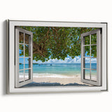 Vintage poster art featuring an architectural window design in black and colorful tones on a framed canvas.