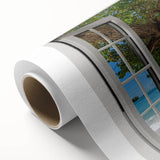 Art deco poster of geometric window designs in muted beige, ideal for nursery wall art, on rolled canvas.