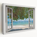 Side view of a large stretched canvas featuring a detailed architectural window design in monochrome.