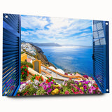 Large abstract wall art on acrylic glass depicting architectural windows in muted gray tones, suitable for dining room decor.