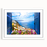 Extra large abstract art print featuring a textured window design in neutral tones, framed in white.