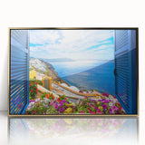 Mid-century modernist art depicting an architectural window design in gold and white tones on a framed acrylic print.