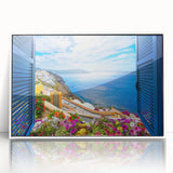 Large art print of a mid-century modernist architecture window design in muted gray tones, framed acrylic.