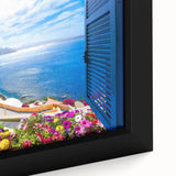 Close-up of black wall art featuring a textured window design in colorful art style on framed canvas.