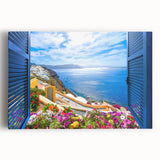 Large black and white photo of architectural windows on stretched canvas, suitable for kitchen wall art.