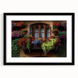 Extra large abstract art print featuring a colorful, textured window design on a black framed canvas.