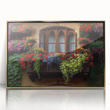 Mid-century modernist art featuring an architectural window design in gold tones on a framed acrylic.