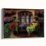Vintage poster art of an architectural window design in black and colorful tones on a framed canvas.