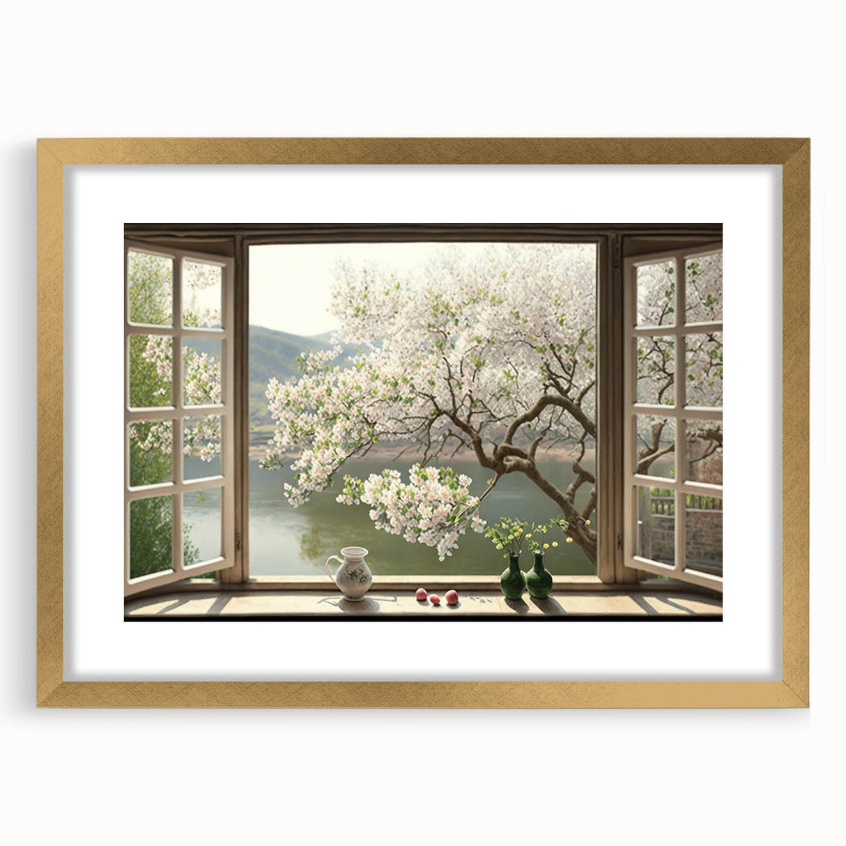 Textured abstract art print featuring layered geometric shapes in neutral tones, framed in gold, ideal for bedroom art.