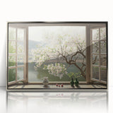 Art Deco style poster depicting a geometric window design in silver and gray tones on framed acrylic.